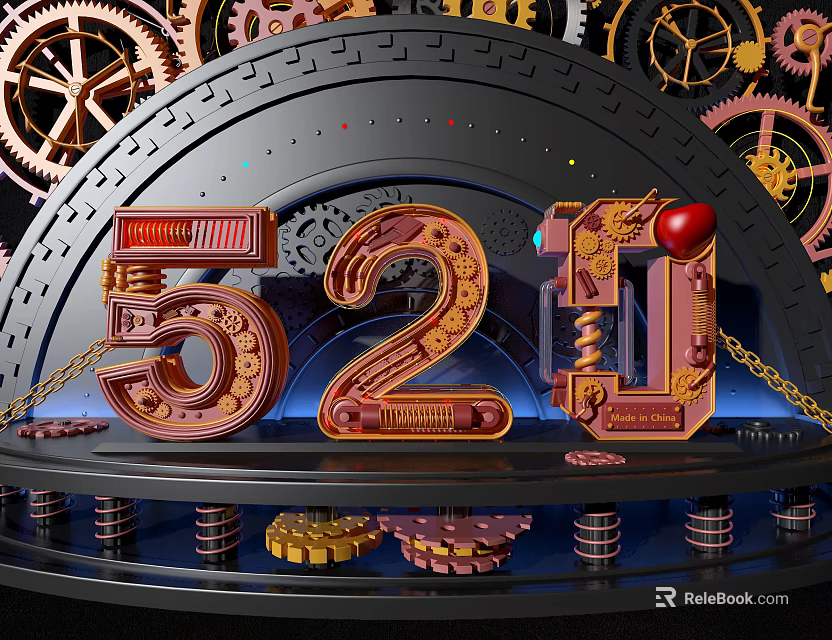 Mechanical Style 520 Number Design With Gears Chains And Red Heart 3d model 