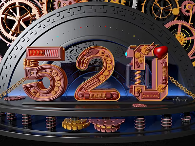 Mechanical Style 520 Number Design With Gears Chains And Red Heart 3d model