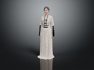 Classic Light Colored Long Dress With Black Decorative Sleeves And Waist Belt 3d model