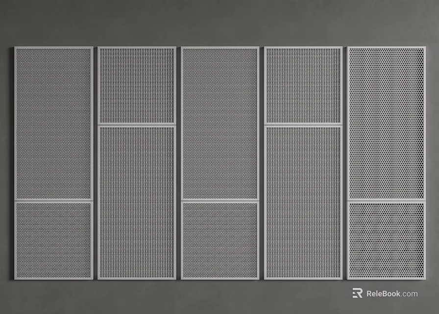 Varied Pattern Grid Metal Panels Arranged Neatly On Gray Background Surface 3d model 