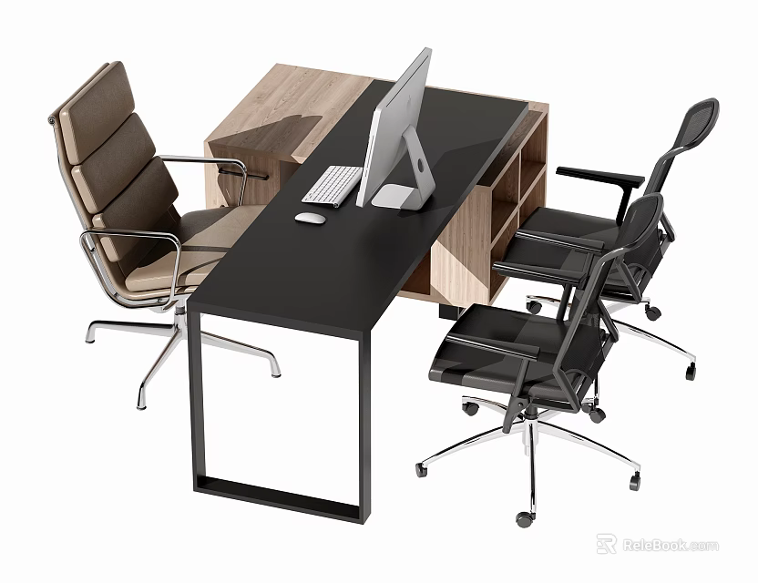 Black Office Desk With Wooden Storage And Two Chairs Computer Monitor Keyboard Mouse 3d model 