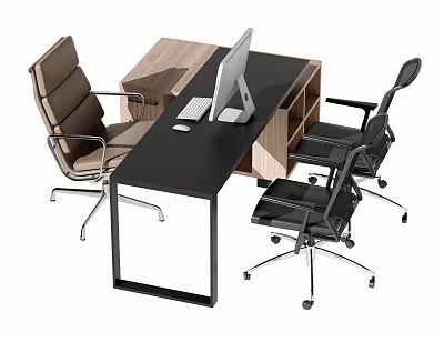Black Office Desk With Wooden Storage And Two Chairs Computer Monitor Keyboard Mouse 3d model