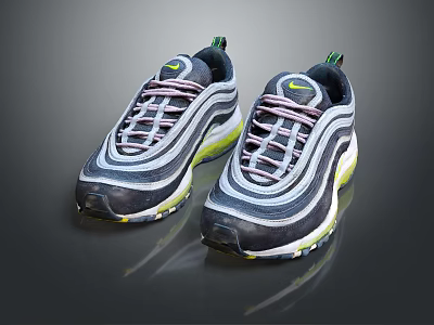 Nike Air Max 97 Shoes Gray Black With Wavy Lines Yellow Air Cushion Sole Green Laces 3d model