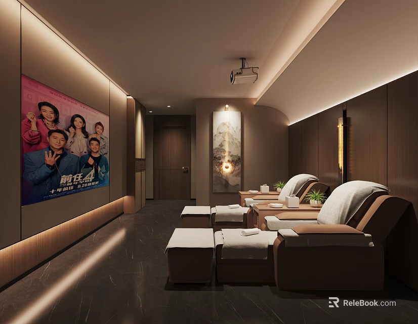 Modern SPA Sauna Interior Design With Comfortable Loungers Large Screen And Decorative Painting 3d model 
