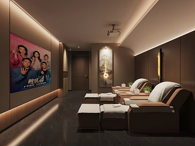Modern SPA Sauna Interior Design With Comfortable Loungers Large Screen And Decorative Painting 3d model