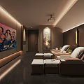Modern SPA Sauna Interior Design With Comfortable Loungers Large Screen And Decorative Painting