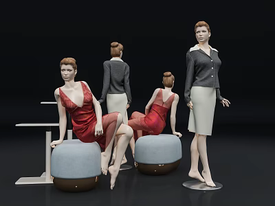 Fashion Models in Red Dresses Gray Top White Skirt Posing with Blue Ottomans 3d model