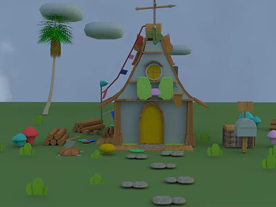 Fairy Tale Garden Landscape With Small Cottage Colorful Mushrooms Stone Path And Palm Tree 3d model