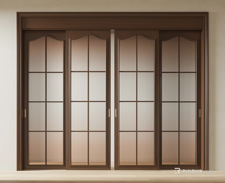 Japanese Style Sliding Doors with Wooden Frame and Frosted Glass Panels for Home Interior Design 3d model 