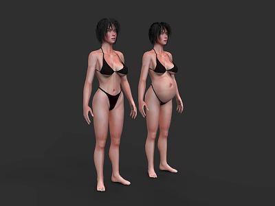 Two Women In Black Bikinis One With Normal Body And Pregnant Figure On Grey Background 3d model