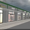 Commercial Street With Green And White Facade Glass Windows And Decorative Storefronts