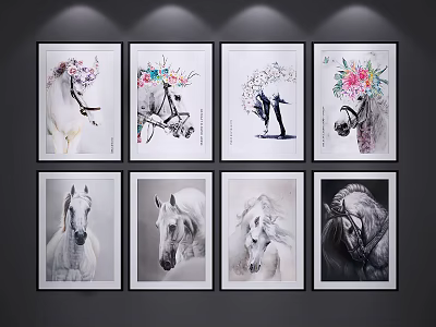 Eight Framed Horse Paintings With Floral Decor And Black White Sketch Styles On Gray Wall 3d model