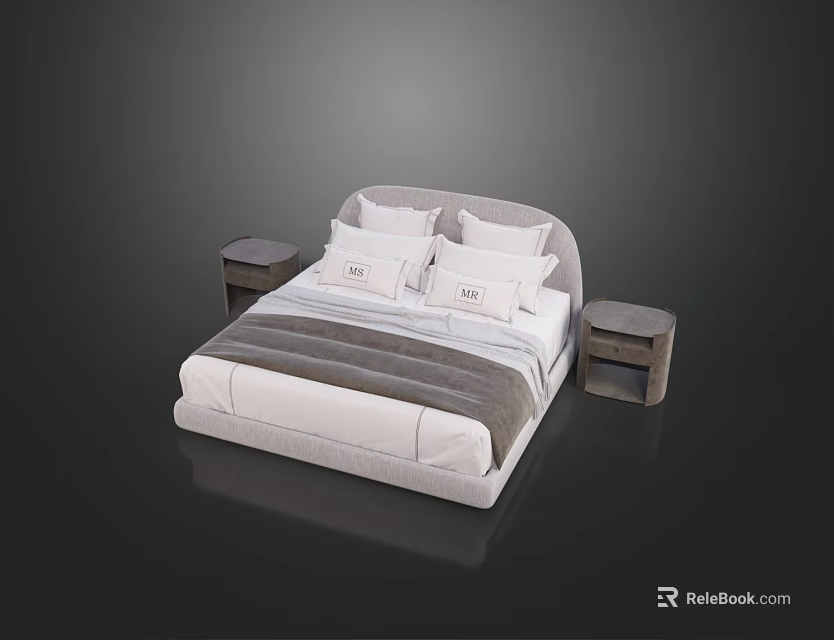 Modern Double Bed With Curved Headboard Nightstands White Pillows And Blanket 3d model 