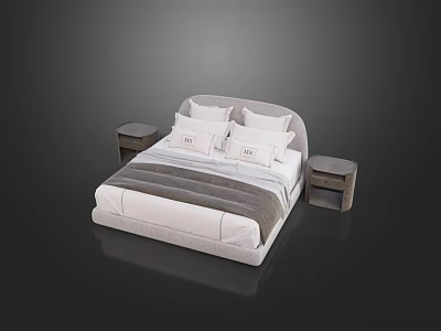 Modern Double Bed With Curved Headboard Nightstands White Pillows And Blanket 3d model