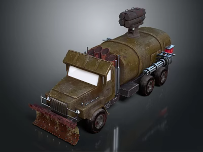 Olive Green Military Truck With Front Plow Roof Mounted Cannon And Tank Body 3d model