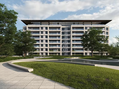 Modern Multi Storey Residential Building Surrounded by Trees Lawns Walkways and Water Features 3d model