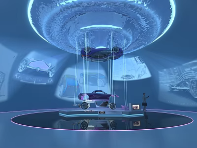 Futuristic Exhibition Space With Suspended Purple Car On Circular Platform And Holographic Car Projections 3d model