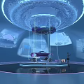 Futuristic Exhibition Space With Suspended Purple Car On Circular Platform And Holographic Car Projections