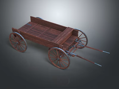 Vintage Wooden Wagon With Spoked Wheels And Wooden Bed And Metal Shafts 3d model