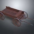 Vintage Wooden Wagon With Spoked Wheels And Wooden Bed And Metal Shafts