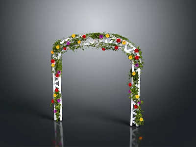 Decorative White Frame Flower Arch With Colorful Flowers And Green Leaves 3d model