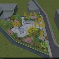 Urban Square Landscape With Green Lawn Trees Flowers Pavilion Stream And Surrounding Buildings