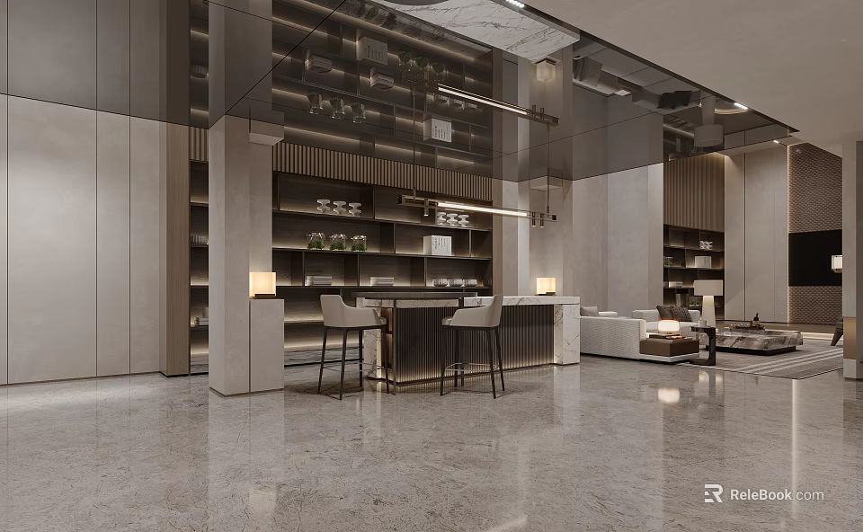 Modern Basement Interior With Bar Seating And Storage 3d model 