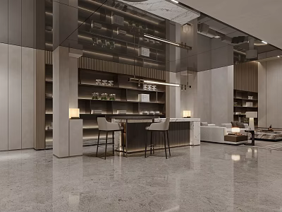 Modern Basement Interior With Bar Seating And Storage 3d model