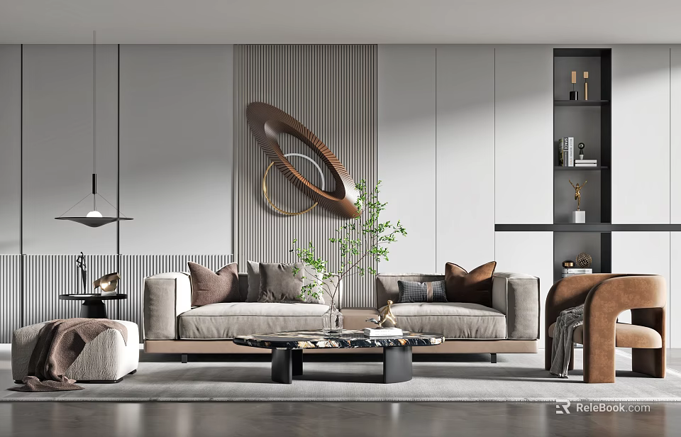 Modern Sofa Coffee Table Set With Light Gray Upholstery Black Table Decorative Pillows Green Plant 3d model 