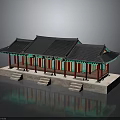 Traditional Architectural Building with Black Tile Roof Green Eaves Red Columns Stone Platform and Steps