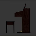 Brown Wooden Upright Piano With Black Stool And Keyboard Control Panel