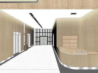 Modern Elevator Hallway With Wooden Walls White Flooring And Reception Desk 3d model