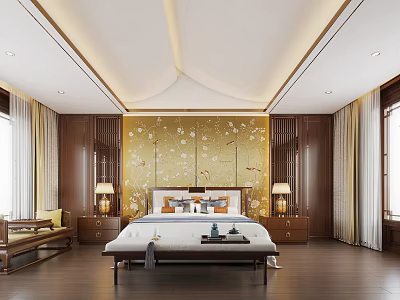 Traditional Chinese Bedroom Interior Design With Wooden Furniture Yellow Floral Wall And Bed 3d model