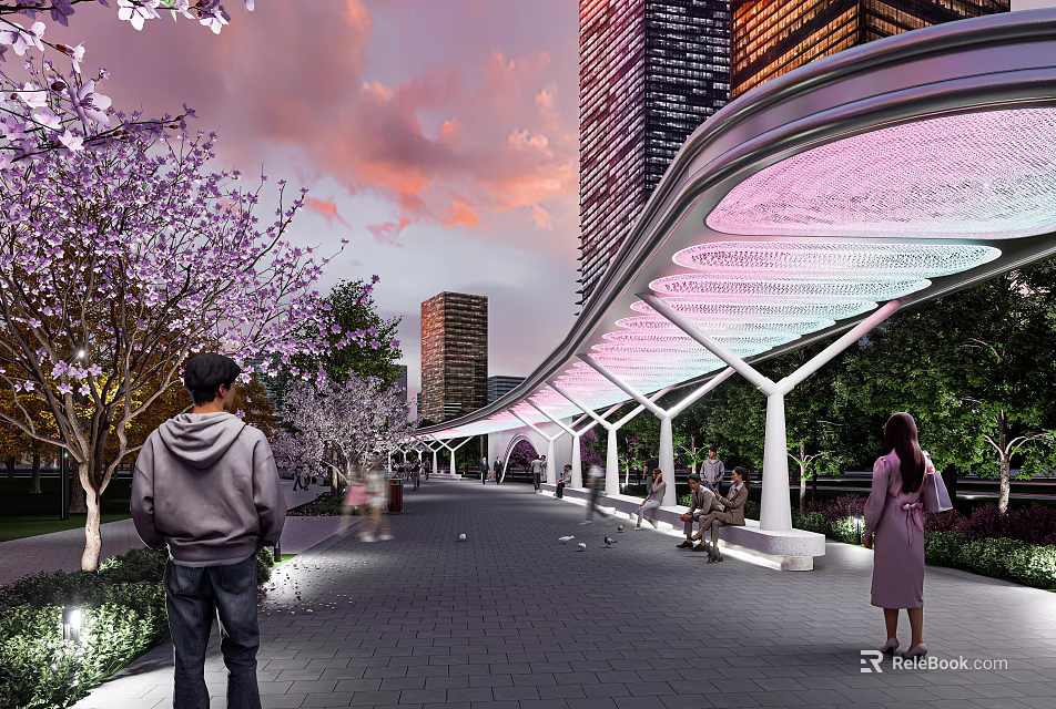 Elegant Modern Pergola with Illuminated Canopy Cherry Blossom Trees and High Rise Buildings 3d model 