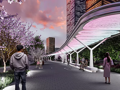 Elegant Modern Pergola with Illuminated Canopy Cherry Blossom Trees and High Rise Buildings 3d model