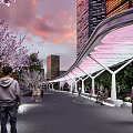 Elegant Modern Pergola with Illuminated Canopy Cherry Blossom Trees and High Rise Buildings