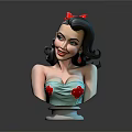 3D Female Bust Sculpture With Black Curly Hair Red Bow And Blue Top