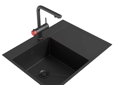 Black Kitchen Single Bowl Sink With Modern Black Faucet Red Accent And Quartz Material 3d model