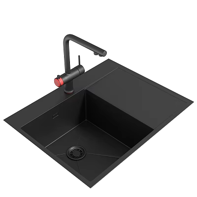 Black Kitchen Single Bowl Sink With Modern Black Faucet Red Accent And Quartz Material 3d model