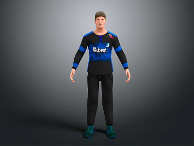 Man Wearing Tubecat Black Shirt Blue Sleeves Black Pants Green Shoes On Gray Background 3d model