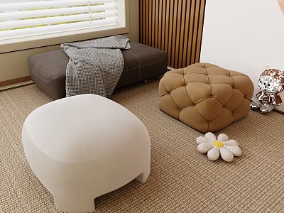 Round White And Tufted Brown Footstools In Living Room With Soft Carpet And Small Decor 3d model