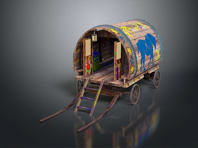 Vintage Covered Wagon With Hand Painted Blue Animal Design And Wooden Structure 3d model