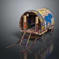 Vintage Covered Wagon With Hand Painted Blue Animal Design And Wooden Structure