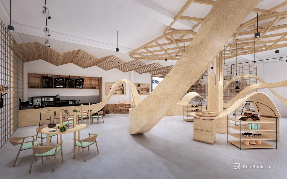 Artistic Bookstore Interior With Wooden Wave Structures 3d model 