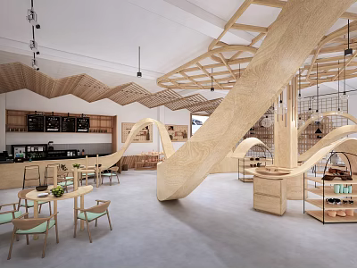 Artistic Bookstore Interior With Wooden Wave Structures 3d model