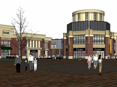 Modern Commercial Street With Brand Stores Pedestrians Trees And Plaza Area 3d model
