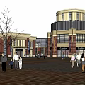 Modern Commercial Street With Brand Stores Pedestrians Trees And Plaza Area
