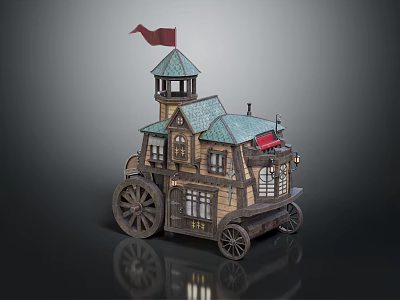 Mobile Cottage Building With Green Roof Tower Red Flag Windows And Wooden Wheels 3d model
