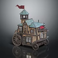 Mobile Cottage Building With Green Roof Tower Red Flag Windows And Wooden Wheels
