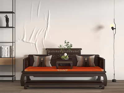 Chinese Style Arhat Bed Interior With Decorative Pillows And Wooden Structure 3d model